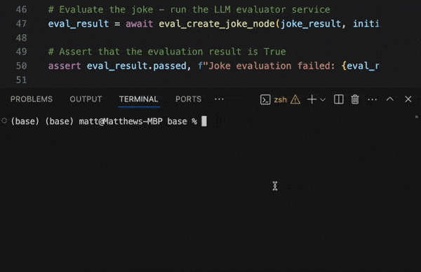 Animated demo of eval-driven pytest execution and results